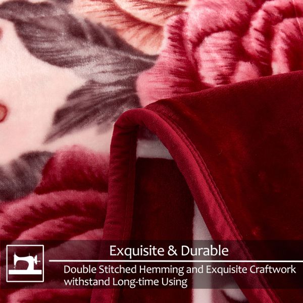 Heavy Korean Mink Fleece Blanket – 2 Ply Reversible 520GSM Silky Soft Plush Warm Blanket for Autumn Winter,Flower/Burgundy