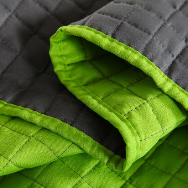 JML Quilt Set 3 Piece Reversible Bedspread with Pillow Shams, Plaid Stitched Pattern, Soft Lightweight No Fading and Shrink Resistant Microfiber Coverlet (Charcoal Gray/Lime Green)