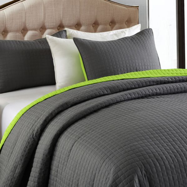 JML Quilt Set 3 Piece Reversible Bedspread with Pillow Shams, Plaid Stitched Pattern, Soft Lightweight No Fading and Shrink Resistant Microfiber Coverlet (Charcoal Gray/Lime Green)