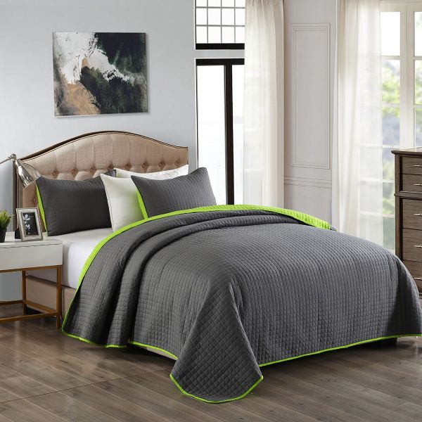 JML Quilt Set 3 Piece Reversible Bedspread with Pillow Shams, Plaid Stitched Pattern, Soft Lightweight No Fading and Shrink Resistant Microfiber Coverlet (Charcoal Gray/Lime Green)