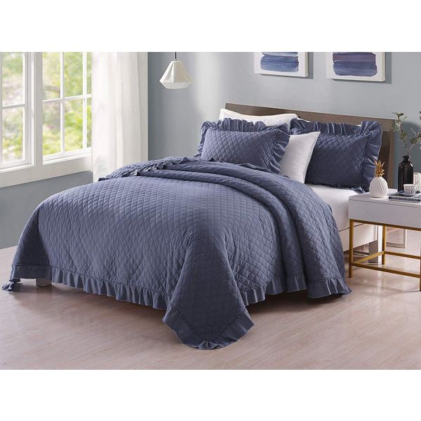JML Quilts, Stone Washed Microfiber 3 Pieces Bedspreads Coverlet with Ruffle - Super Soft, Oversized Vintage Quilt Set, Navy Blue