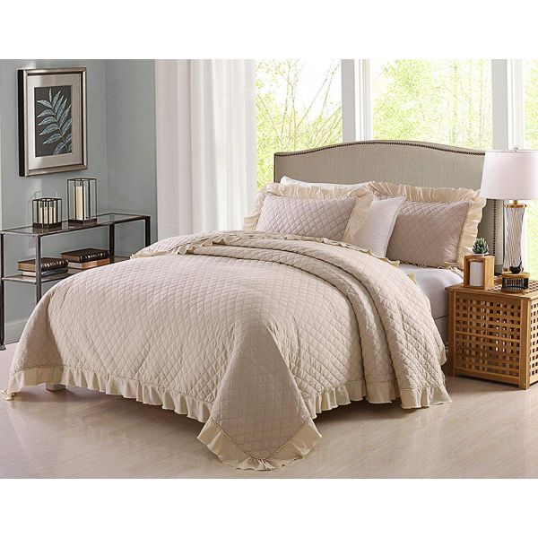 JML Quilts, Stone Washed Microfiber 3 Pieces Bedspreads Coverlet with Ruffle - Super Soft, Oversized Vintage Quilt Set, Beige