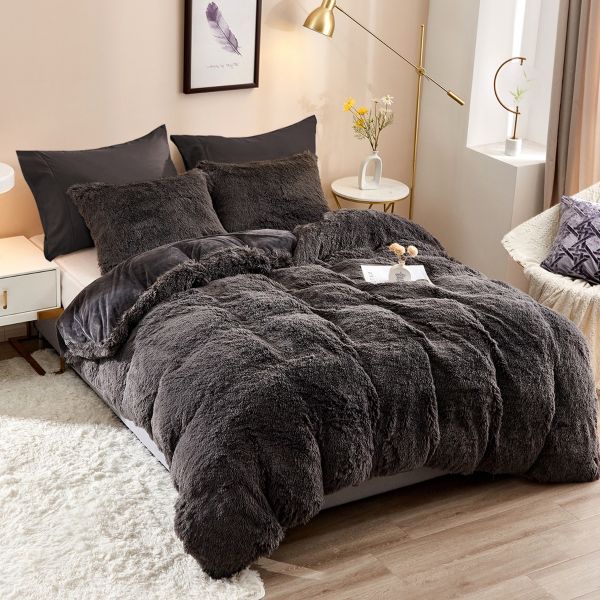 HAOK Plush Shaggy Duvet Cover Set - 5 Pieces Faux Fur Fluffy Bed Sets (1 Shaggy Duvet Cover + 2 Shaggy Pillow Shams + 2 Pillowcases), Crystal Velvet Fuzzy Comforter Cover Bedding Sets