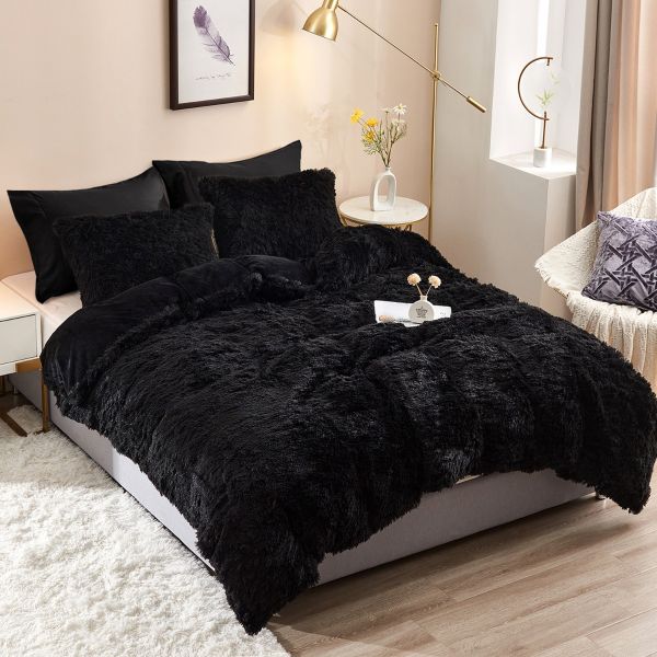 HAOK Plush Shaggy Duvet Cover Set - 5 Pieces Faux Fur Fluffy Bed Sets (1 Shaggy Duvet Cover + 2 Shaggy Pillow Shams + 2 Pillowcases), Crystal Velvet Fuzzy Comforter Cover Bedding Sets
