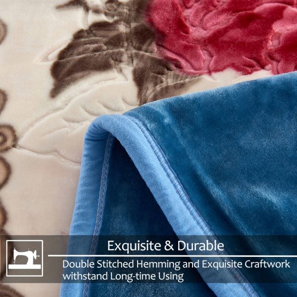 Heavy Korean Mink Fleece Blanket – 2 Ply Reversible 520GSM Silky Soft Plush Warm Blanket for Autumn Winter, Flower/Light Blue