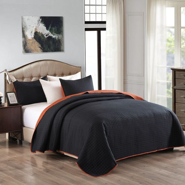 JML Quilt Set, 3 Piece Bedspreads Queen Size - Reversible Plaid Design - Brushed Microfiber Coverlet Set for All Season, Soft Lightweight and Shrink Resistant (Black/Mocha Bisque)