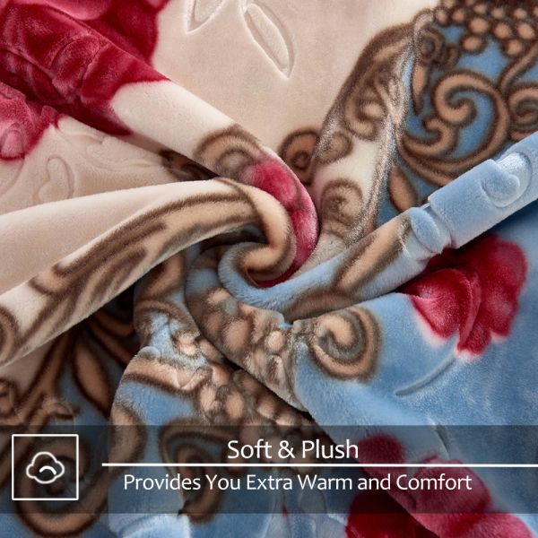 Heavy Korean Mink Fleece Blanket – 2 Ply Reversible 520GSM Silky Soft Plush Warm Blanket for Autumn Winter, Flower/Light Blue