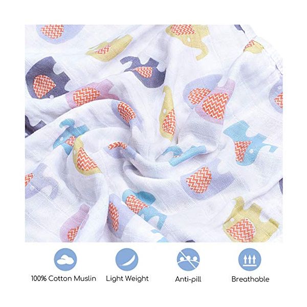 Baby Cotton Muslin Swaddle Blankets - 100% Cotton 4 Layer Super Soft & Breathable Receiving Blankets, 44 x 44 inch (Elephant)