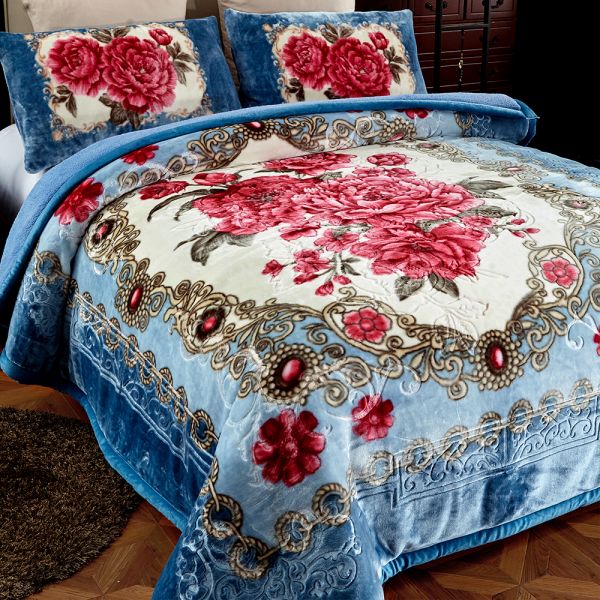 JML Sherpa Flannel Blanket, 3-Piece Fleece Blanket King with Pillow Shams, Blue