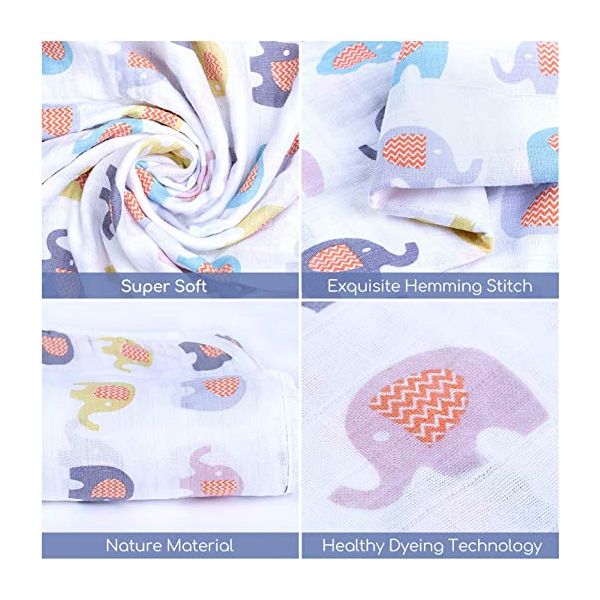 Baby Cotton Muslin Swaddle Blankets - 100% Cotton 4 Layer Super Soft & Breathable Receiving Blankets, 44 x 44 inch (Elephant)