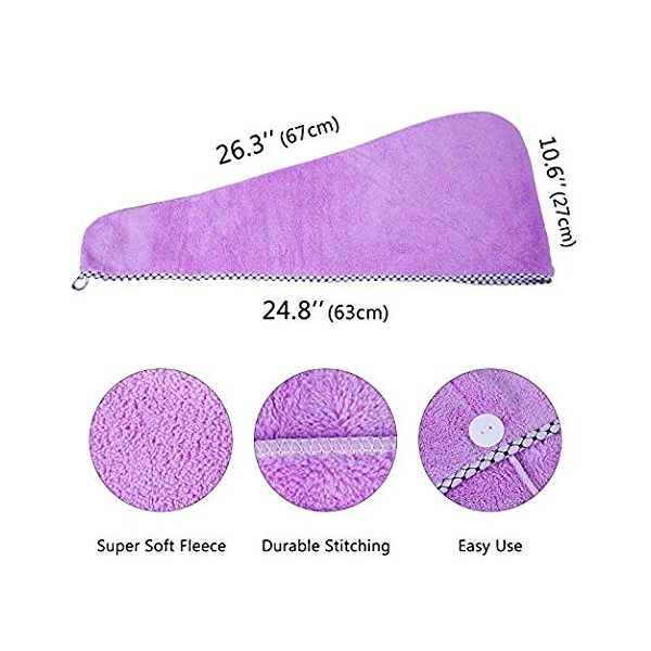Hair Towel Wrap, Quick Dryer by Monarca, Pack of 2 Plush Soft Fleece Magic Hair Turban Wrap for Bath Spa Hot Tubs and Makeup ( Hot Pink, Purple)