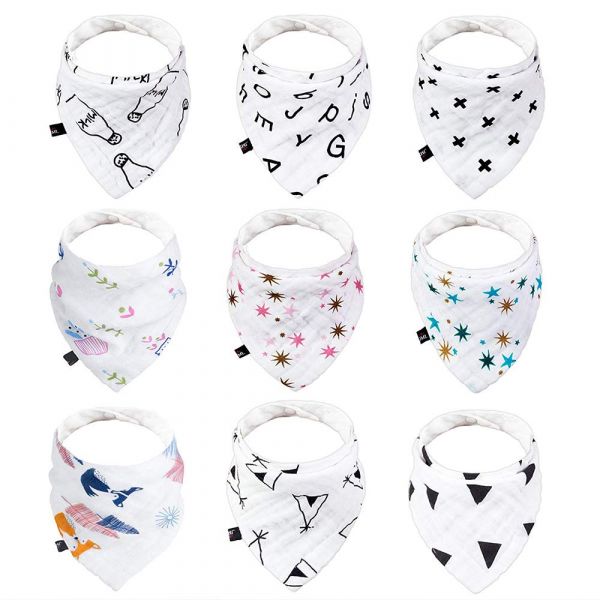 JML Drool Bibs, Baby Bandana Drool Bibs - Unsex 9 Pack Baby Bibs for Teething and Drooling, 100% Cotton Muslin, Soft, Absorbent Bib Set