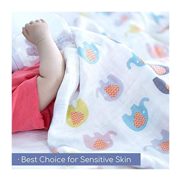Baby Cotton Muslin Swaddle Blankets - 100% Cotton 4 Layer Super Soft & Breathable Receiving Blankets, 44 x 44 inch (Elephant)