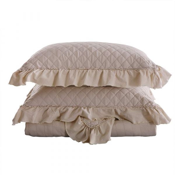 JML Quilts, Stone Washed Microfiber 3 Pieces Bedspreads Coverlet with Ruffle - Super Soft, Oversized Vintage Quilt Set, Beige