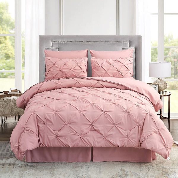HAOK Bed in a Bag Set - 6 Pieces Pinch Pleat Bedding Comforter Sets, Pintuck Microfiber Down Alternative Twin Comforter Set