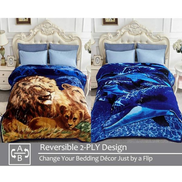 Heavy Korean Mink Fleece Blanket – 2 Ply Reversible 520GSM Silky Soft Plush Warm Blanket for Autumn Winter, Lion/Dolphin