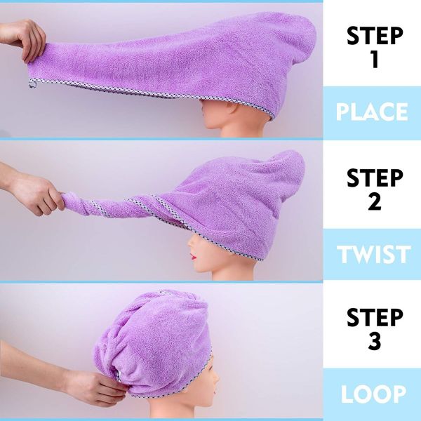 Hair Towel Wrap, Quick Dryer by Monarca, Pack of 2 Plush Soft Fleece Magic Hair Turban Wrap for Bath Spa Hot Tubs and Makeup ( Hot Pink, Purple)