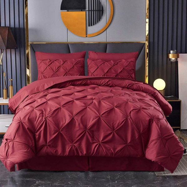 HAOK Bed in a Bag Set - 6 Pieces Pinch Pleat Bedding Comforter Sets, Pintuck Microfiber Down Alternative Twin Comforter Set