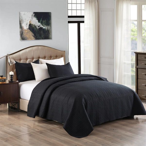 JML Quilt King Size Set 3-Piece Bedspread Coverlet with Shams Soft Brushed Microfiber, Lightweight Hypoallergenic All-Season Quilt Bedding (Black)