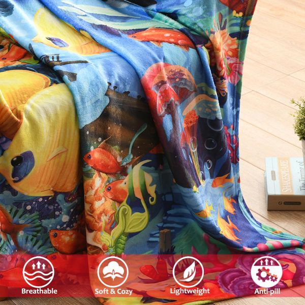 JML Flannel Throw Blanket, Christmas Holiday Printed Throw Blanket - Plush Soft Lightweight Cozy Throw Blanket for Couch Sofa Bed Decor 50 x 60 inches-Printed Tropical Fish