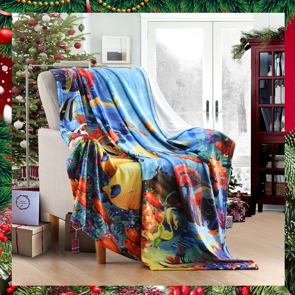 JML Flannel Throw Blanket, Christmas Holiday Printed Throw Blanket - Plush Soft Lightweight Cozy Throw Blanket for Couch Sofa Bed Decor 50 x 60 inches-Printed Tropical Fish
