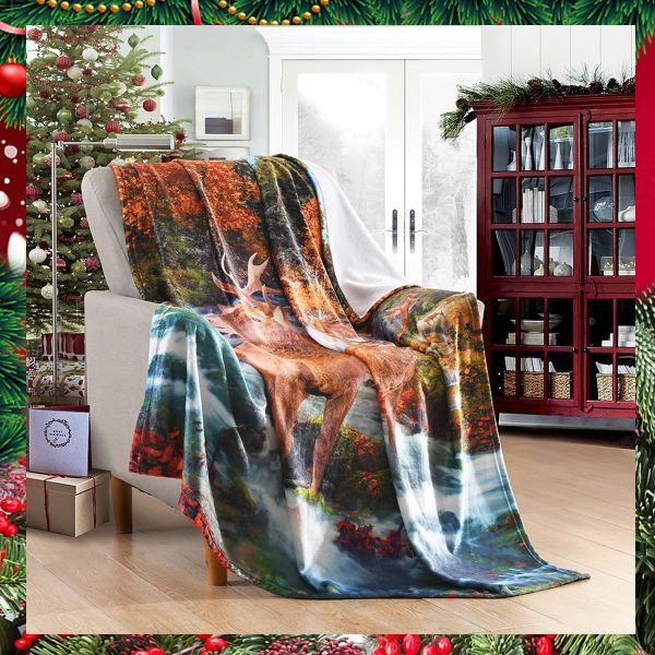 JML Flannel Throw Blanket, Christmas Holiday Printed Throw Blanket - Plush Soft Lightweight Cozy Throw Blanket for Couch Sofa Bed Decor 50 x 60 inches-Printed Reindeer