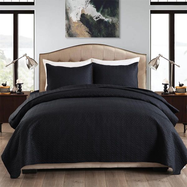 JML Quilt King Size Set 3-Piece Bedspread Coverlet with Shams Soft Brushed Microfiber, Lightweight Hypoallergenic All-Season Quilt Bedding (Black)