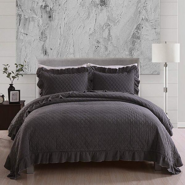 JML Quilts, Stone Washed Microfiber 3 Pieces Bedspreads Coverlet with Ruffle - Super Soft, Oversized Vintage Quilt Set, Grey