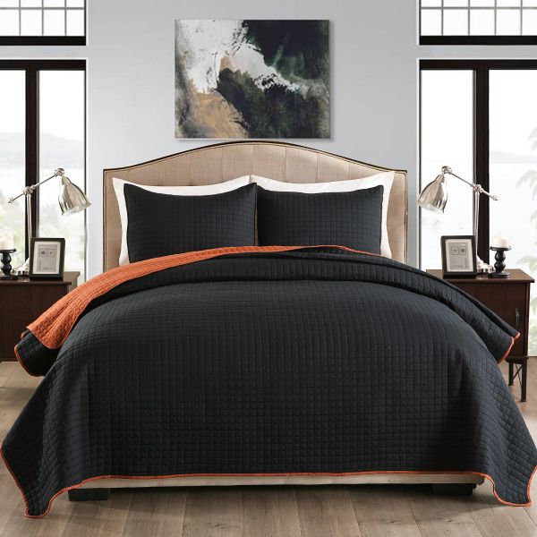 JML Quilt Set, 3 Piece Bedspreads Queen Size - Reversible Plaid Design - Brushed Microfiber Coverlet Set for All Season, Soft Lightweight and Shrink Resistant (Black/Mocha Bisque)