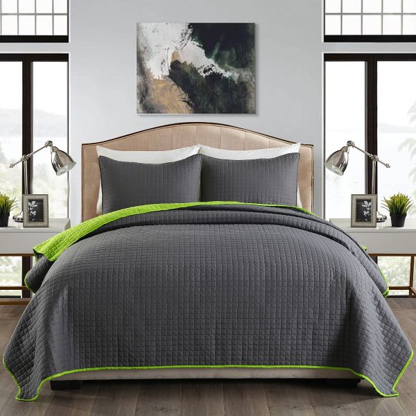 JML Quilt Set 3 Piece Reversible Bedspread with Pillow Shams, Plaid Stitched Pattern, Soft Lightweight No Fading and Shrink Resistant Microfiber Coverlet (Charcoal Gray/Lime Green)