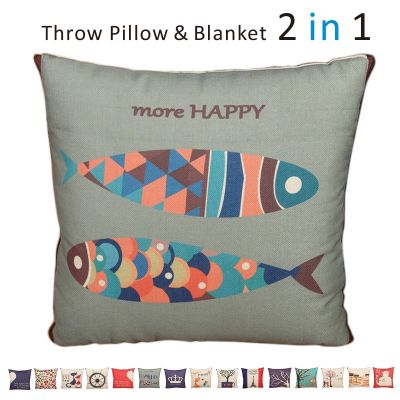 Fasisa Throw Pillow for Sofa & Blanket 2 in 1, Textured Decorative Square Pillow Case with Insert 18"x18" Used as Throw Blanket, Two Fishes