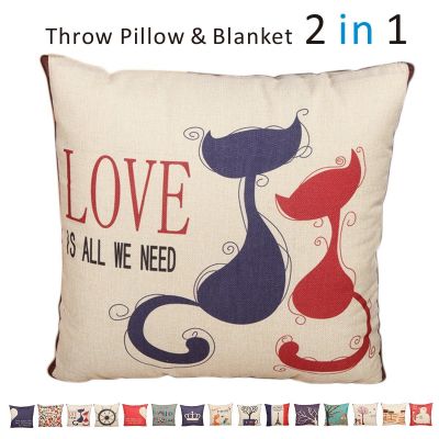 Fasisa Throw Pillow for Sofa & Blanket 2 in 1, Textured Decorative Square Pillow Case with Insert 18"x18" Used as Throw Blanket, Two Cats