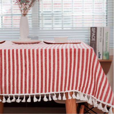Fasisa Cotton Tablecloth - 60x120", Seats 10 to 12 People - Rectangle / Oblong, Polyester Blended, Wrinkle Resistant, Machine Washable Table Cloth with Tassel Fringe , Rose Striped