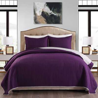 JML Quilt Set, 3 Piece Bedspreads - Reversible Plaid Design - Brushed Microfiber Coverlet Set for All Season, Soft Lightweight and Shrink Resistant (88"x92", Plum Purple/Silver Gray)