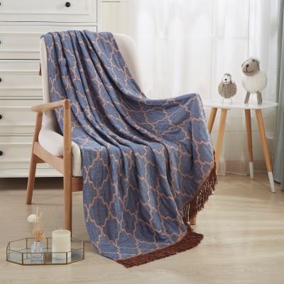 JML Throw Blanket Soft Jacquard Organic Bamboo Cotton Throw Blanket for Couch Bed Shawls and Wraps Cotton Blankets with Tassels for Home Sofa Chair Travel Lap Adult,50" X 60"-Lattice Scroll Denim Blue
