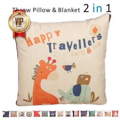 Fasisa Throw Pillow for Sofa & Blanket 2 in 1, Textured Decorative Square Pillow Case with Insert 18"x18" Used as Throw Blanket, Happy Travellers